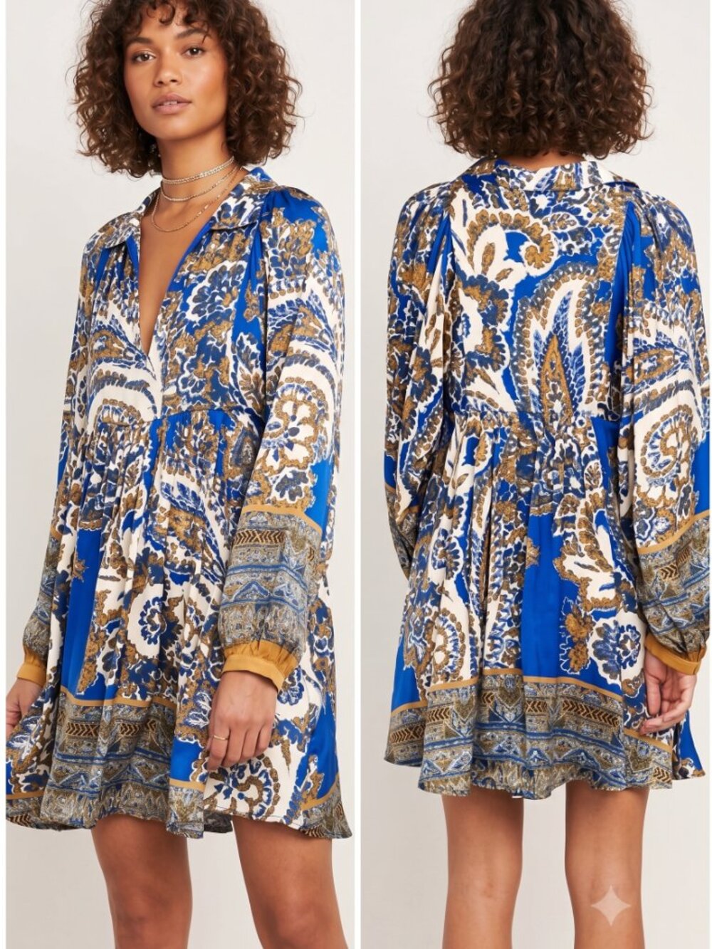 NWT Free People Boho Paisley Floral Mini Shift Dress Blue Cream Long Sleeve S